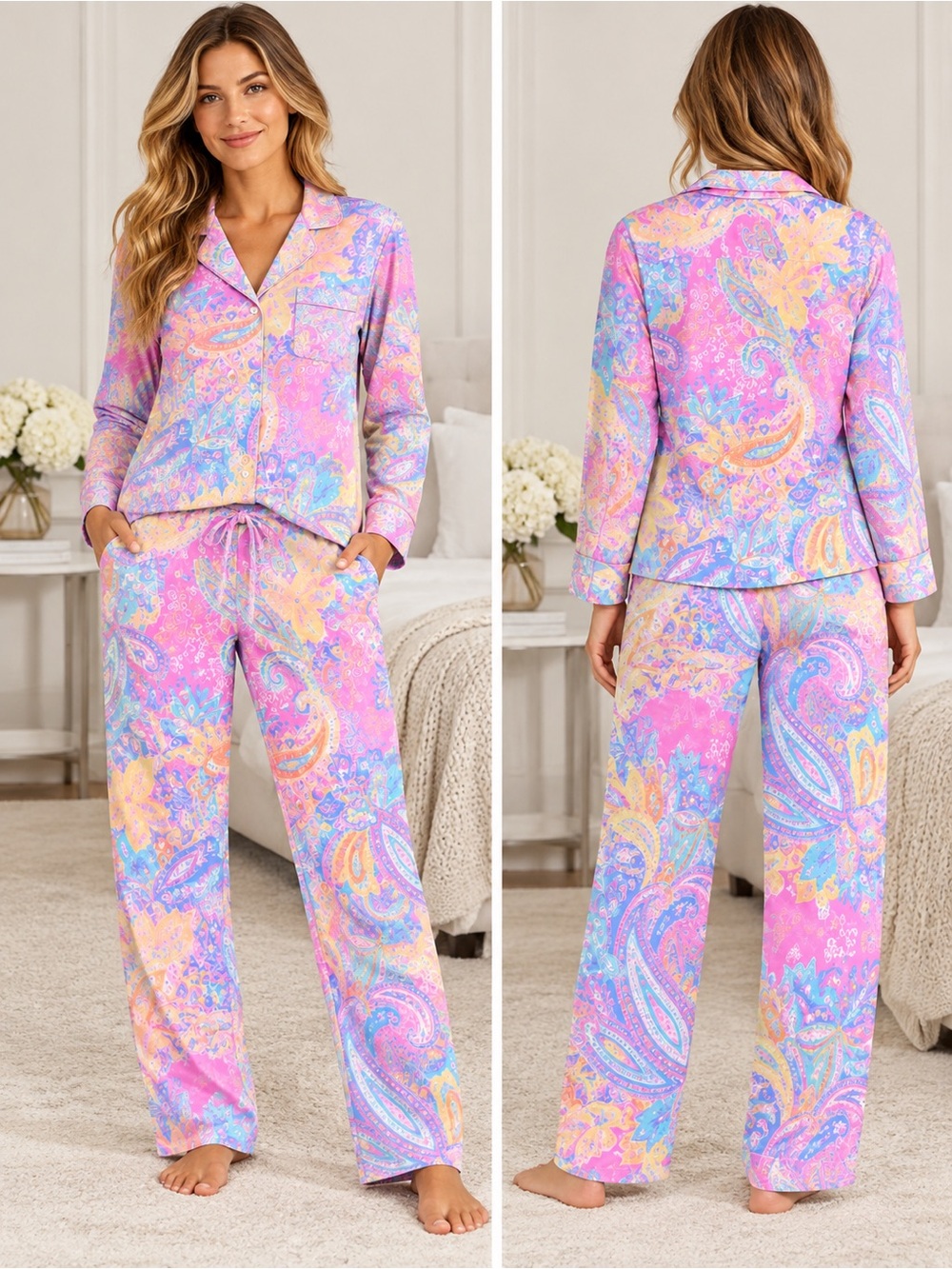Lauren Ralph Lauren Pajama Set S 100% Cotton Pink Blue Paisley 2 Piece PJs